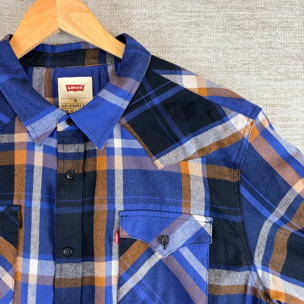 Levis Mens Long Sleeve Western Cut Blue Button Plaid Shirt Mens XL Americana EUC